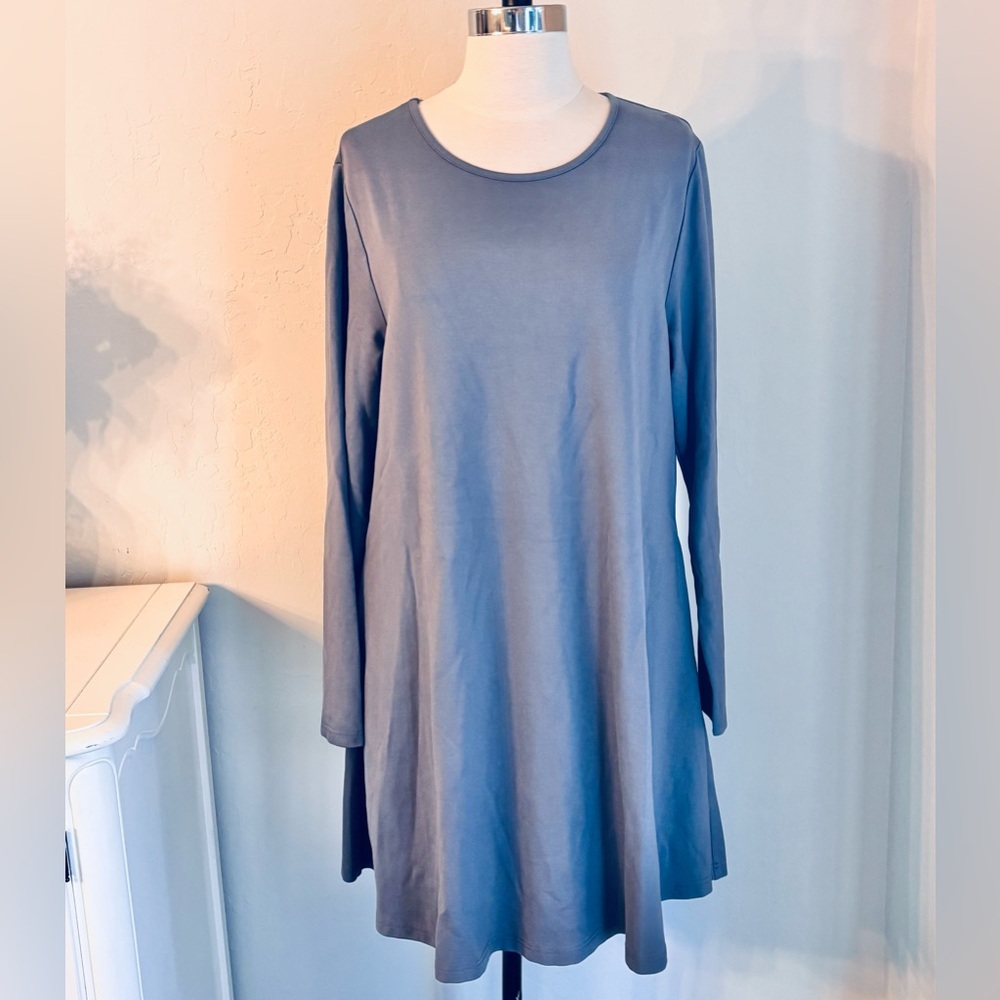 Ponte Knit Round Neck Flare Dress Solid Gray Long Sleeve Cotton Blend, Sz XL